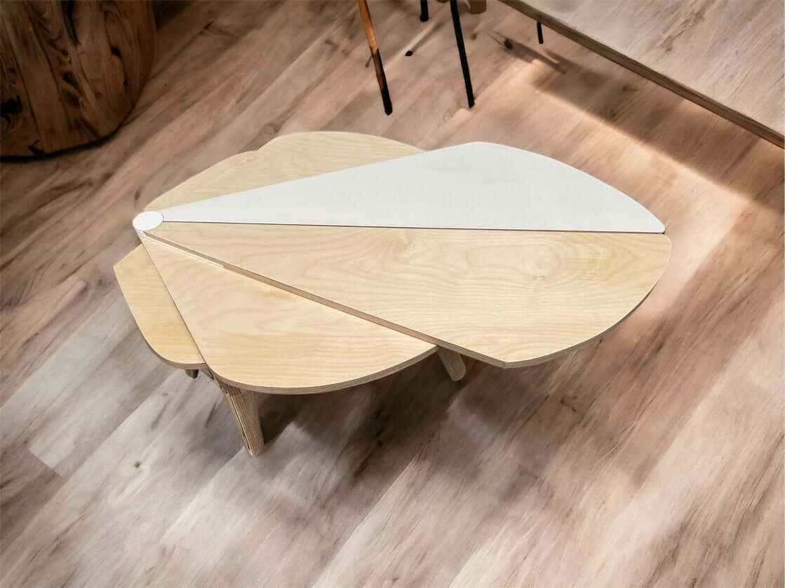 Konferenčný stolík v tvare vejára s tvrdovoskovou úpravou. Vyrobený z masívneho dreva, vnáša eleganciu a jedinečnosť do každého priestoru.